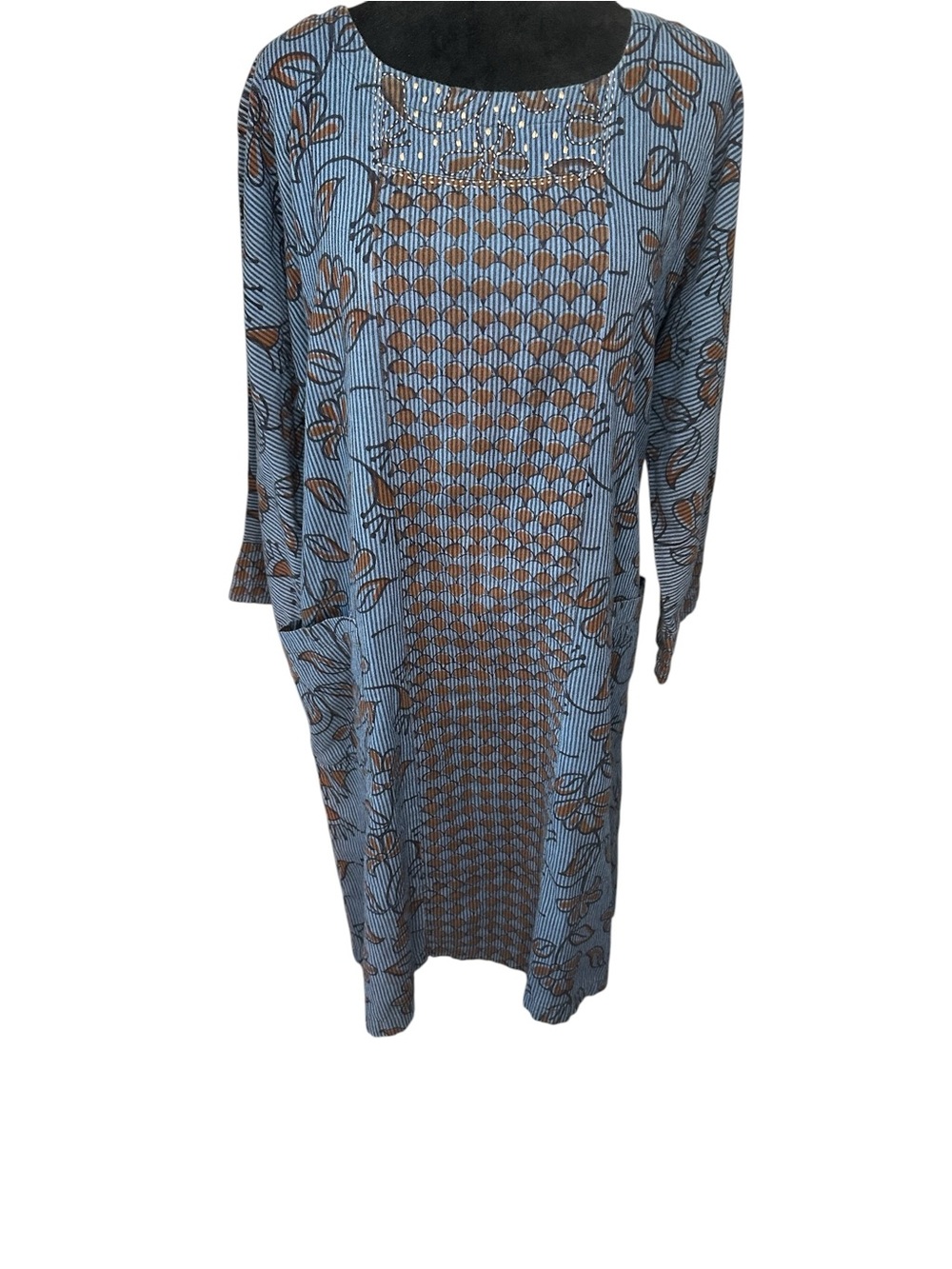 Marketplace Floral Blue Long Sleeve Sheath Dress Size L Embroidered Boho I